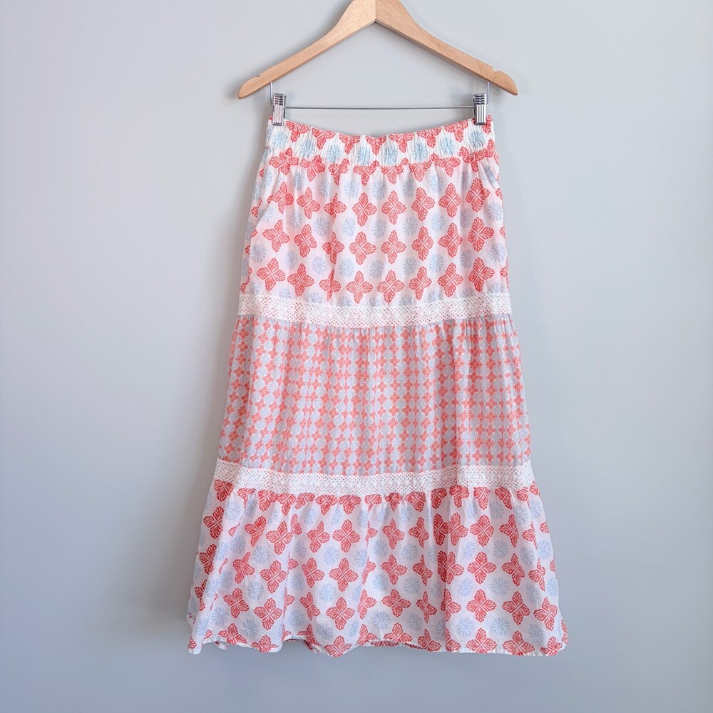 Sigrid Olsen Maxi Skirt Tiered Boho Crochet Pockets Cottage Coral White Women M